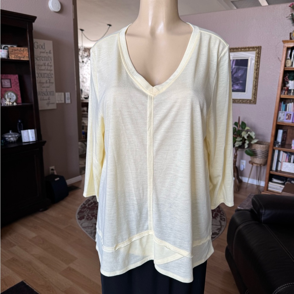 Style & Co sheer light yellow 3/4 sleeves Vneck blouse-size XL